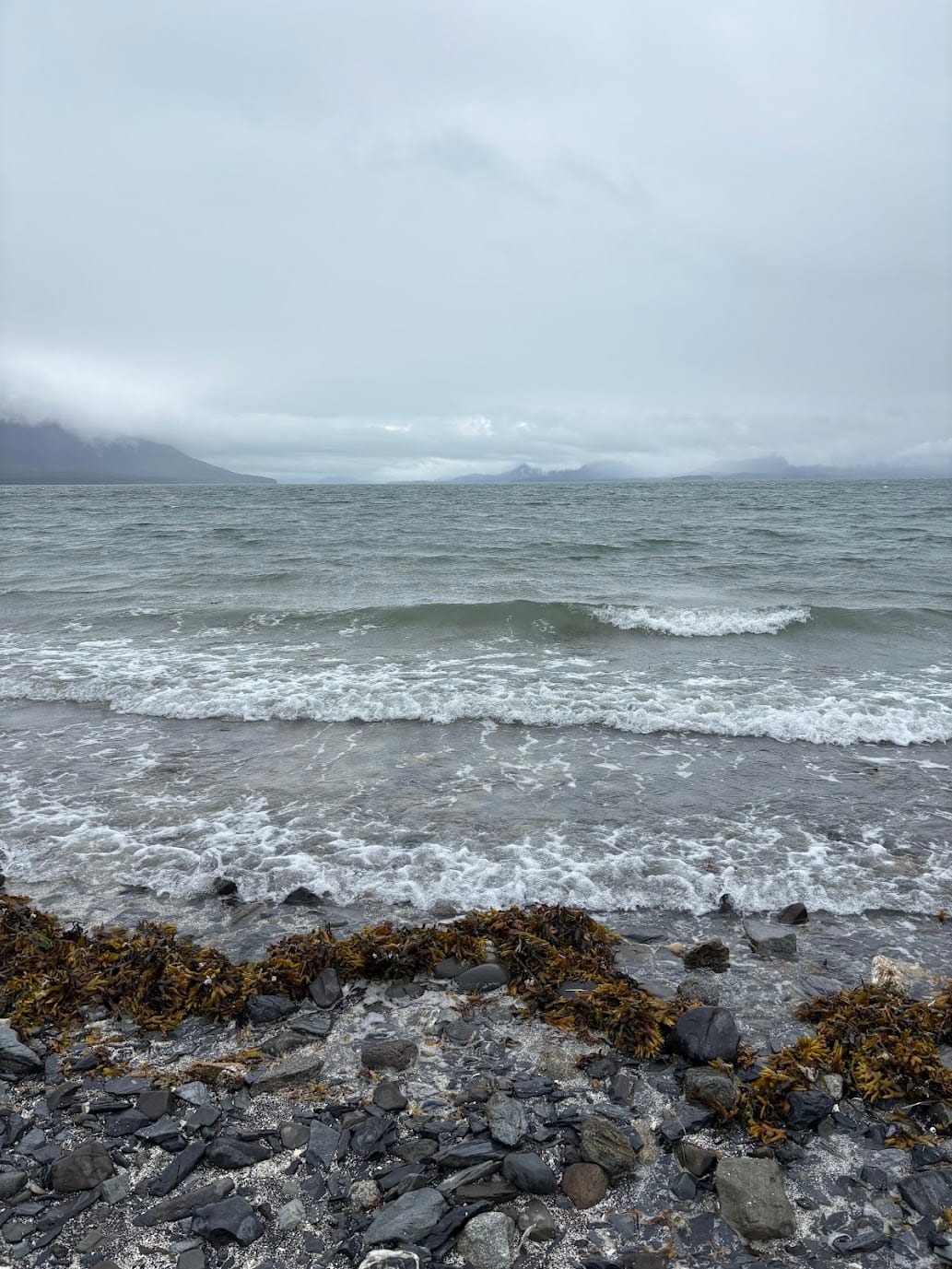 Gray waves beat agains the rocks on the Gastineau Channel. 